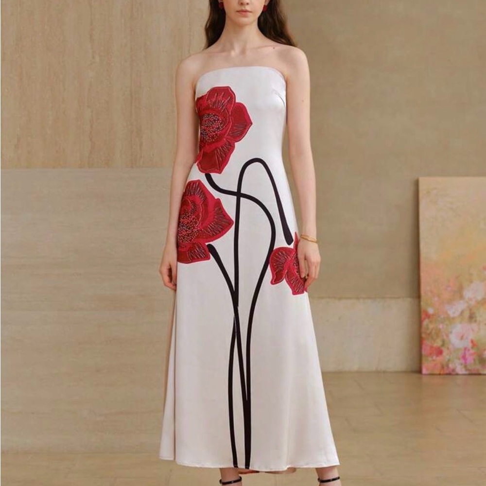 Elegant ivory Strapless Dress with Red Floral Design